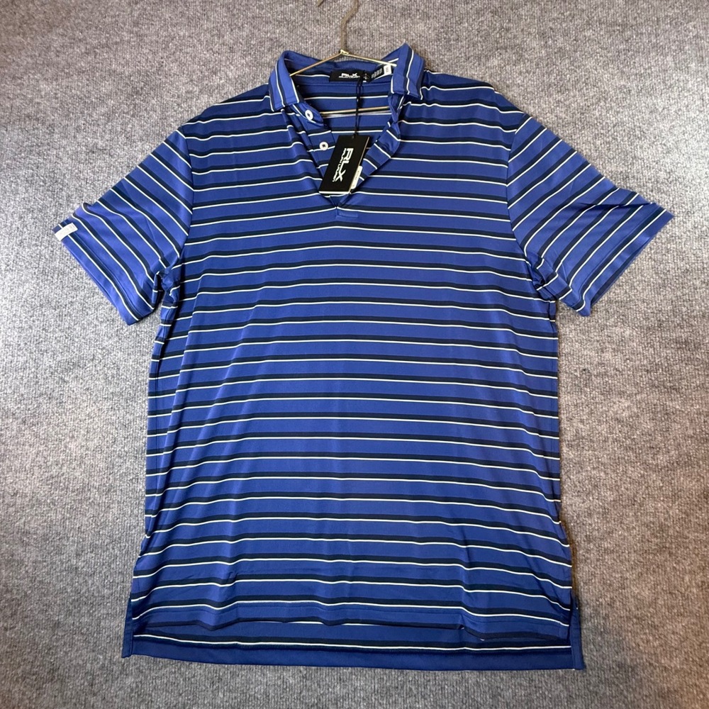 RLX Ralph Lauren Mens Blue Striped Golf Polo Shirt Size M NWT Preppy, Sporty
